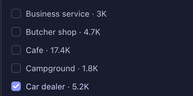 Niche list with Car dealer selected
